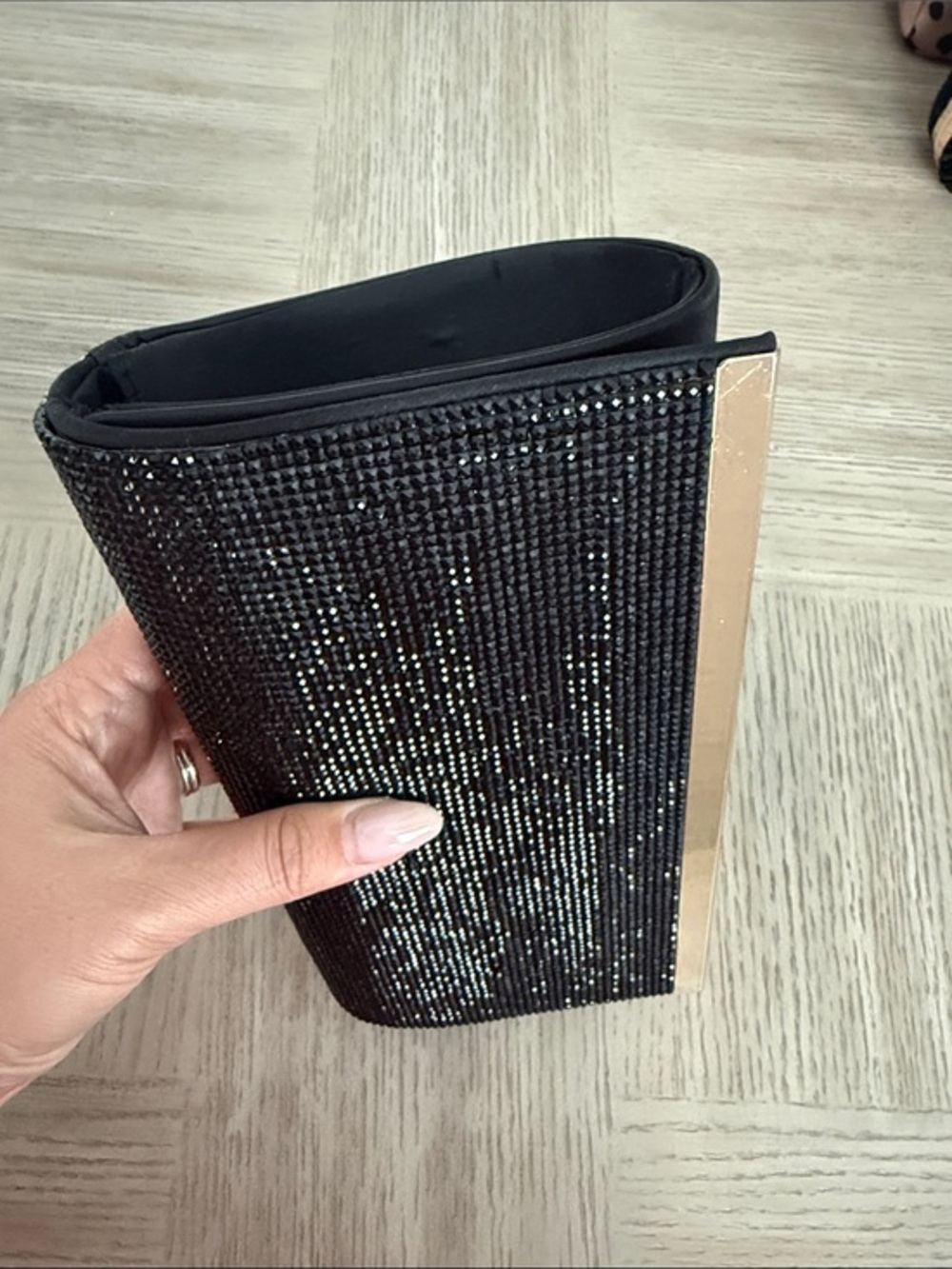 Black Crystal Embellished Evening Clutch with Gold Accent